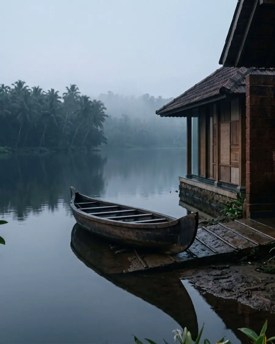 A wooden boat moored beside a traditional tile-roofed house on a misty Keralam backwater, with coconut palms beyond