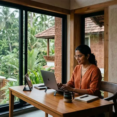 A woman working on a laptop at a wooden desk beside a window that looks out on Keralam's palms and greenery