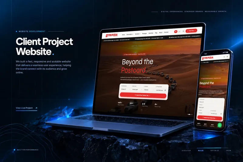 Tripzia Tourism website shown on a laptop and a phone, with a desert safari hero and a trip search form.